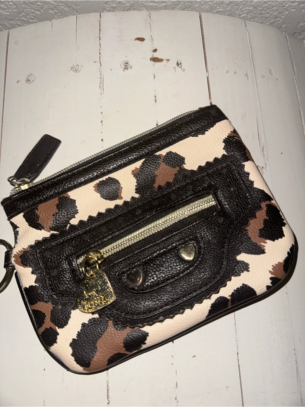 Betsey Johnson Leopard Print Wristlet in Black, Brown & Cream